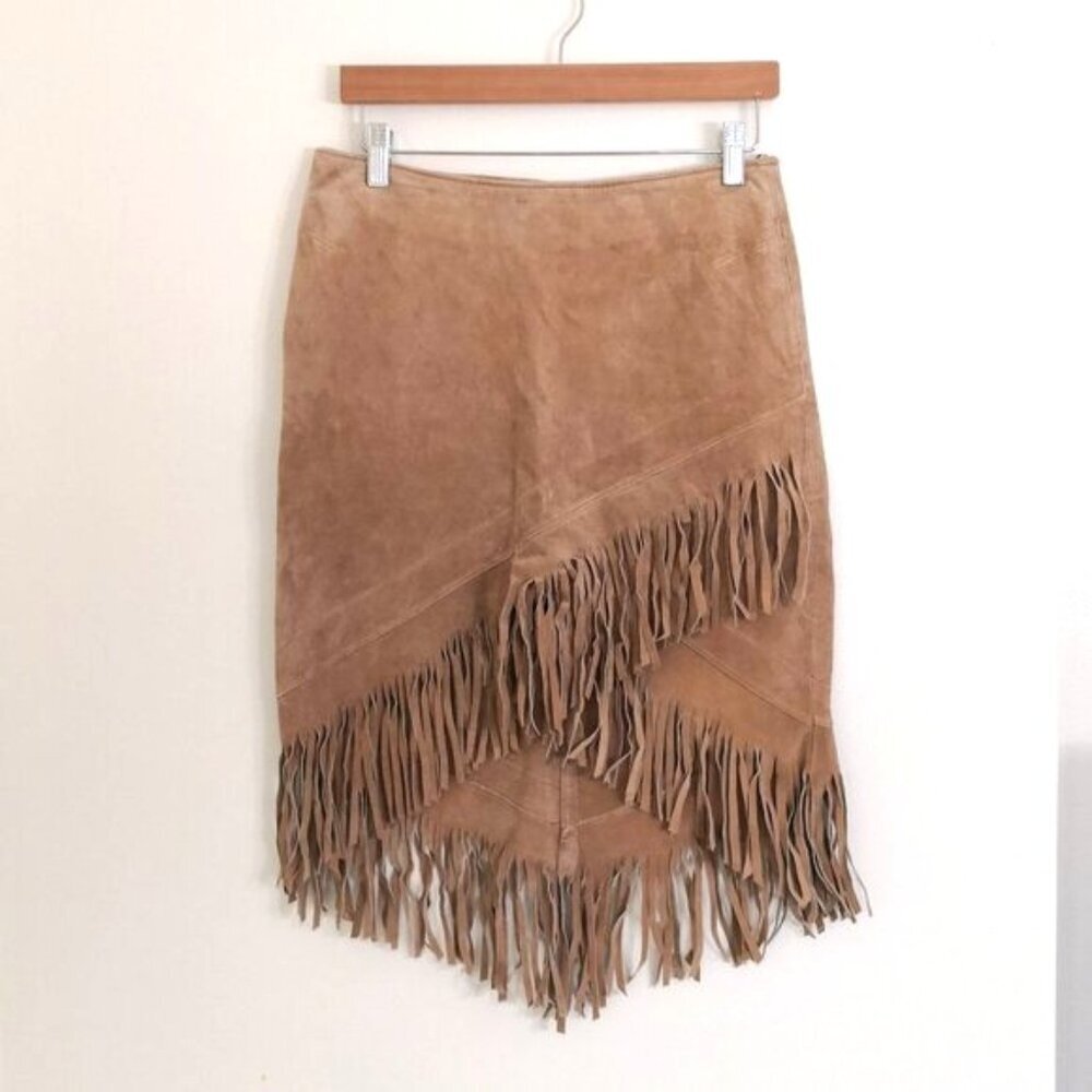 Le Chateau Chic Tan Suede Fringe High Low‎ Leather Skirt Western Style
